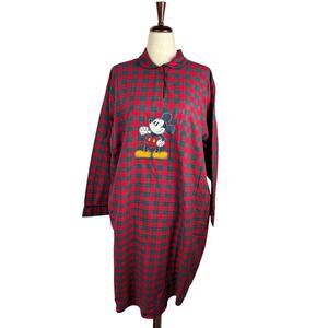 Vintage Disney Store Flannel Nightgown Pajamas Mickey Mouse Womens XL Plaid Red